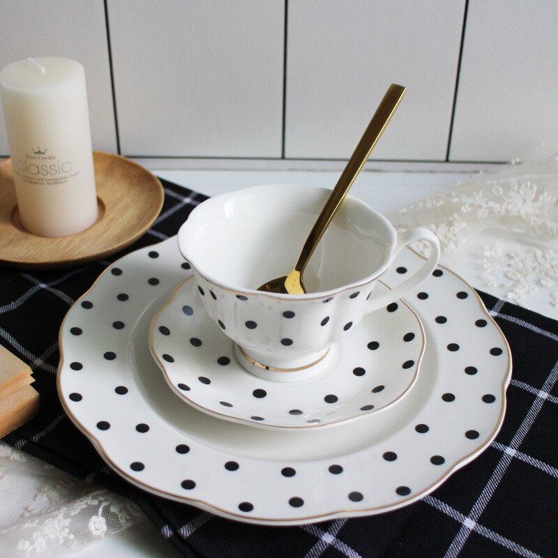 200ml Retro British Tea Coffee Cup and Saucer Set Black Polka Dot Stripes Pattern Ceramic Cups