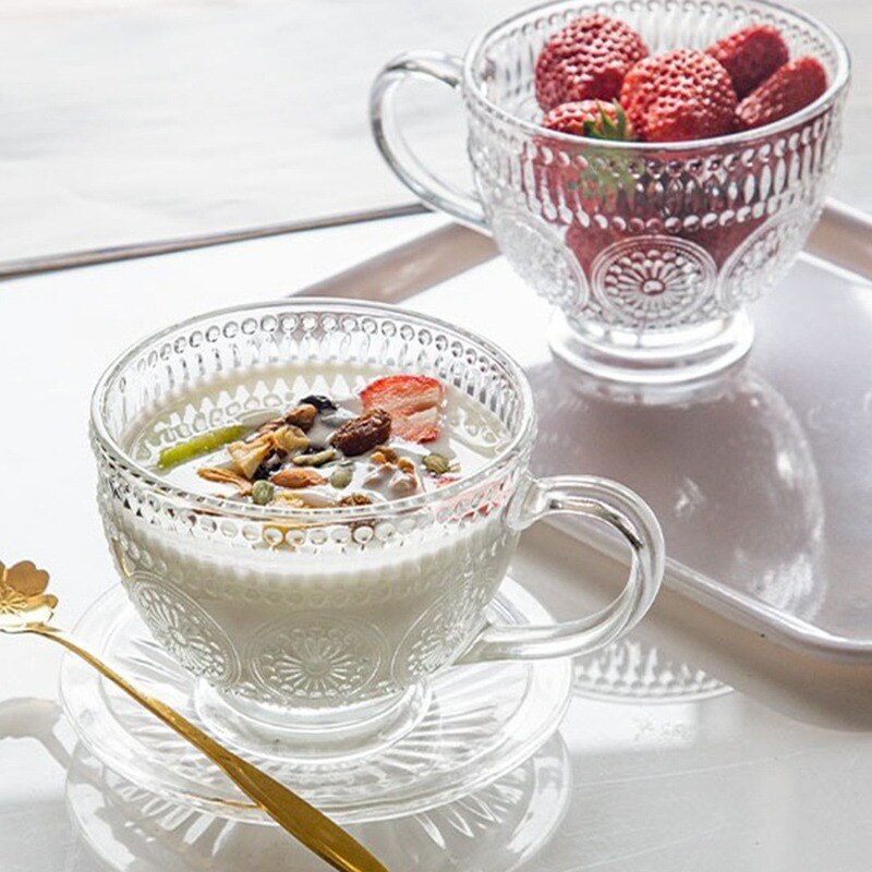 Embossed Sunflower Glass Cup Transparent Milk Breakfast Drinkware Water Cup with Handle Large-Capacity Oatmeal Mug