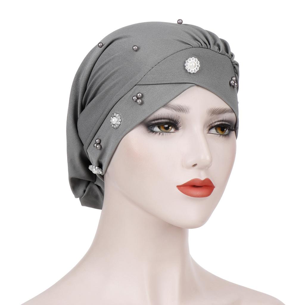 Nuove Donne Musulmano Perline Cancro cap Cofano Cappello Turbante Foulard avvolgere cap Perdita di Capelli Elastico Skullies Berretti Arabo di Modo Della Copertura: grigio