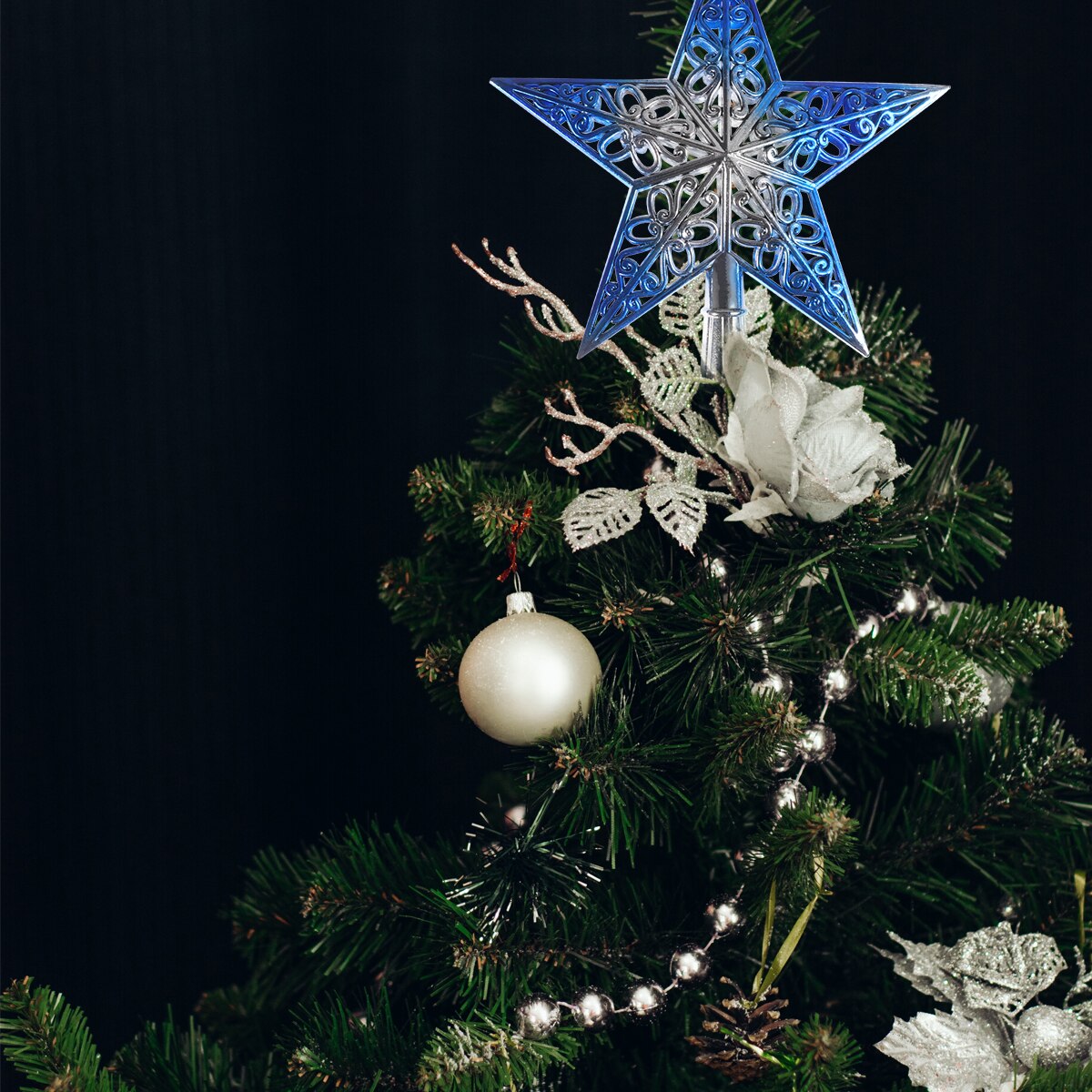 Hollowed-out Christmas Tree Top Sparkle Star Glittering Hanging Xmas Tree Topper Decoration Ornaments Home Decor Silvery Blue