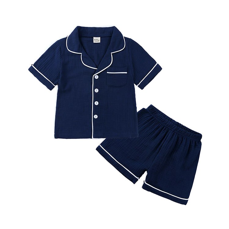 Effen Kleur Kinderen Pyjama Set Zomer Kids Jongens Nachtkleding Pak Korte Mouw Nachtkleding + Broek Kids Kleding 3-7 Jaar: Dark Blue / 7