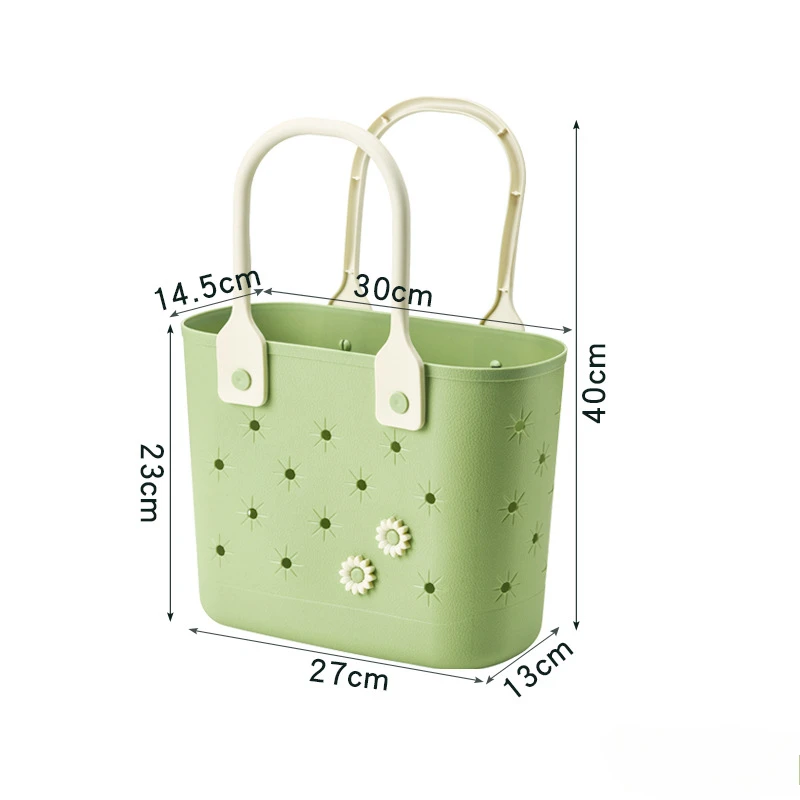Robust plastik strandtaske med bløde grønne håndtag | trendy stjerneprint | multifunktionel opbevaring til strand, fitnesscenter og camping