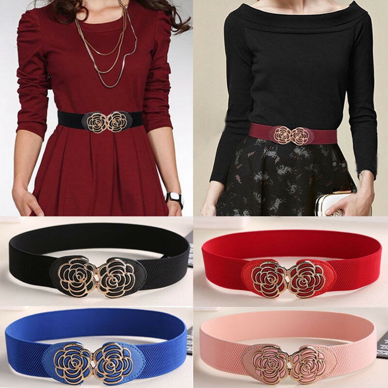 frauen Dame metallisch retro Blume Elastische dehnbar Kleid Schmale Taille Gürtel Band verrotten Blau Schwarz Weiß Rosa