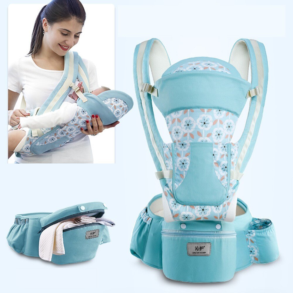 0-48 Month Ergonomic Baby Carrier Infant Baby Hipseat Carrier 3 In 1 Front Facing Ergonomic Kangaroo Baby Wrap Sling: Blue flower seasons