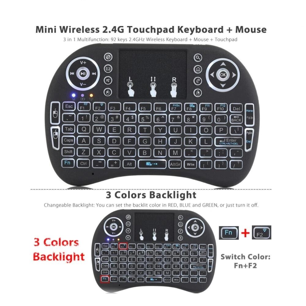 I8 7 Kleuren Backlit 2.4G Draadloos Toetsenbord Air Mouse Engels Russische Touchpad Handheld Voor Android Tv Box T9 H96 max Plus