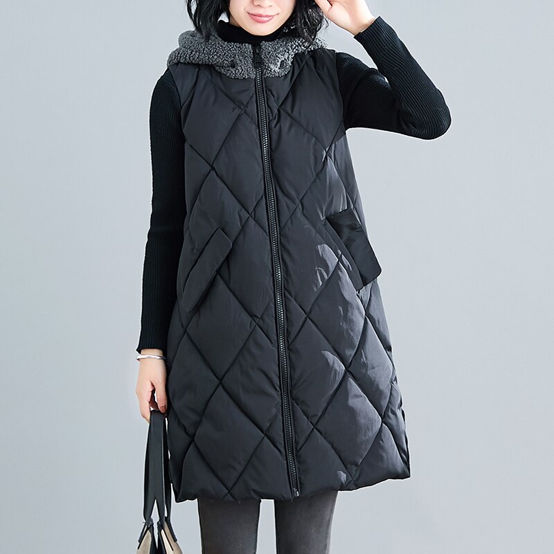 Gilet mi-long en poils d&#39;agneau pour femme, vêtement d&#39;extérieur, rembourré en coton, ample, hiver,