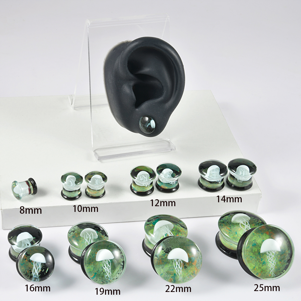 2Pcs Solid Glass Jellyfish Swirl Clear Oil Painting Vortex Ear Plugs Ear Tunnels Gauges Lobe Piercing Jewelry Women Men: Pink / Rhodium Plated