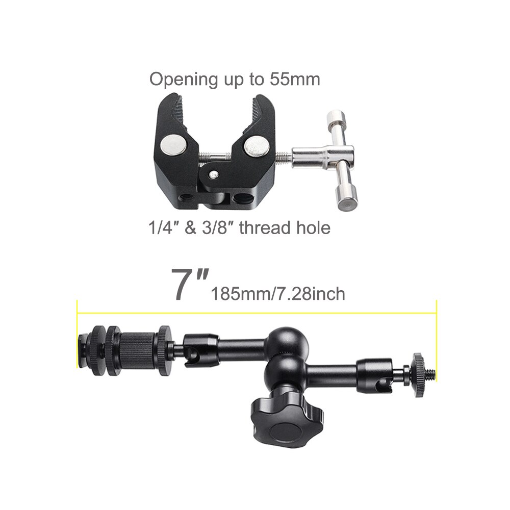 7 Inch Magic Arm with Super Clamp - Adjustable Friction Articulating Arm for DSLR Camera Accessories, LCD Monitor, LED Video Light