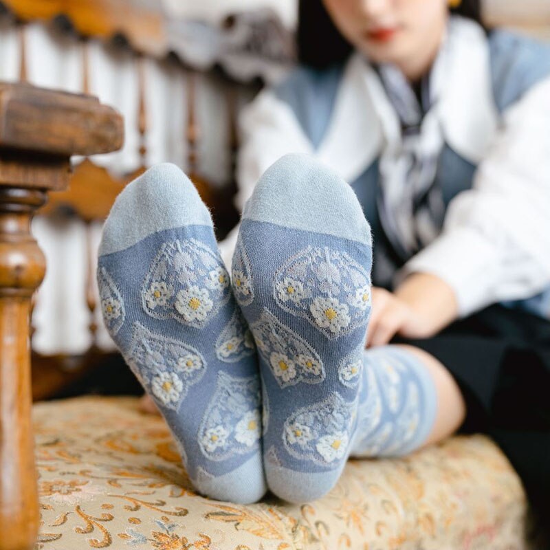 5 Pairs Vrouwen Sokken Set Herfst Winter Bloemen Printing Katoen Harajuku Blauwe Accessoires Geometrie Hartvormige Femme Sokken Kawai