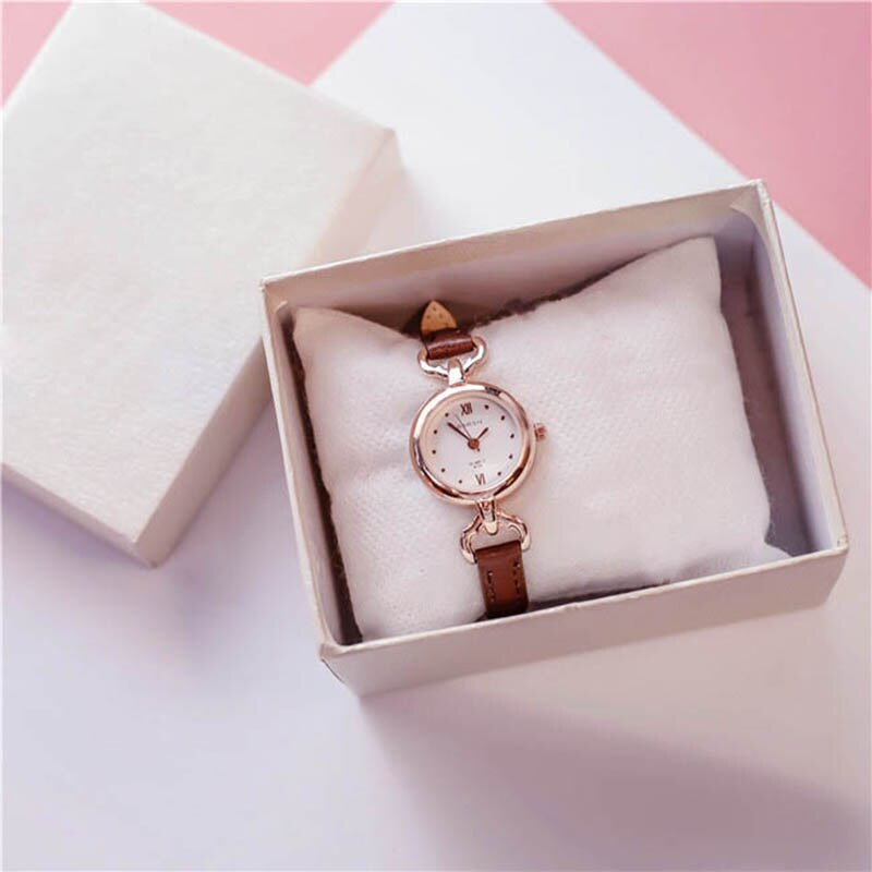 Vrouwen Meisje Eenvoudige Quartz Horloge Pu Lederen Band Mini Dunne Wijzerplaat Horloges EIG88