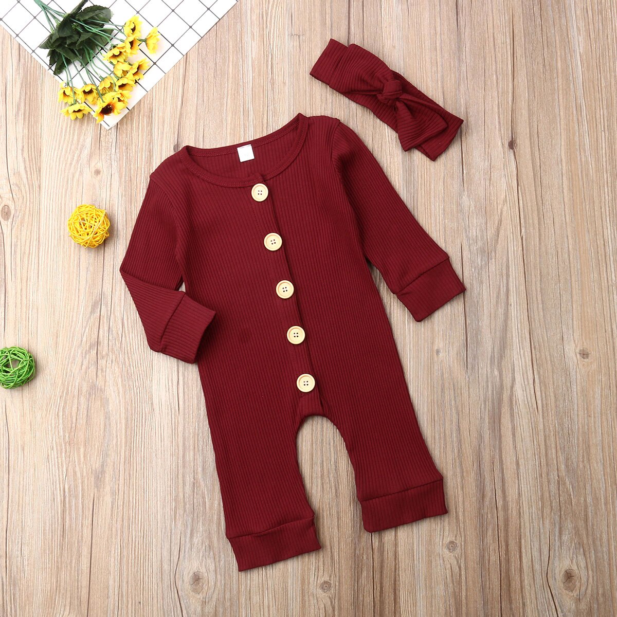 2 Stuks Pasgeboren Baby Gebreide Solid Jumpsuit Meisje Jongen Kleding Lange Mouw Herfst Romper Lange Mouw Hoofdband Outfit Kleding