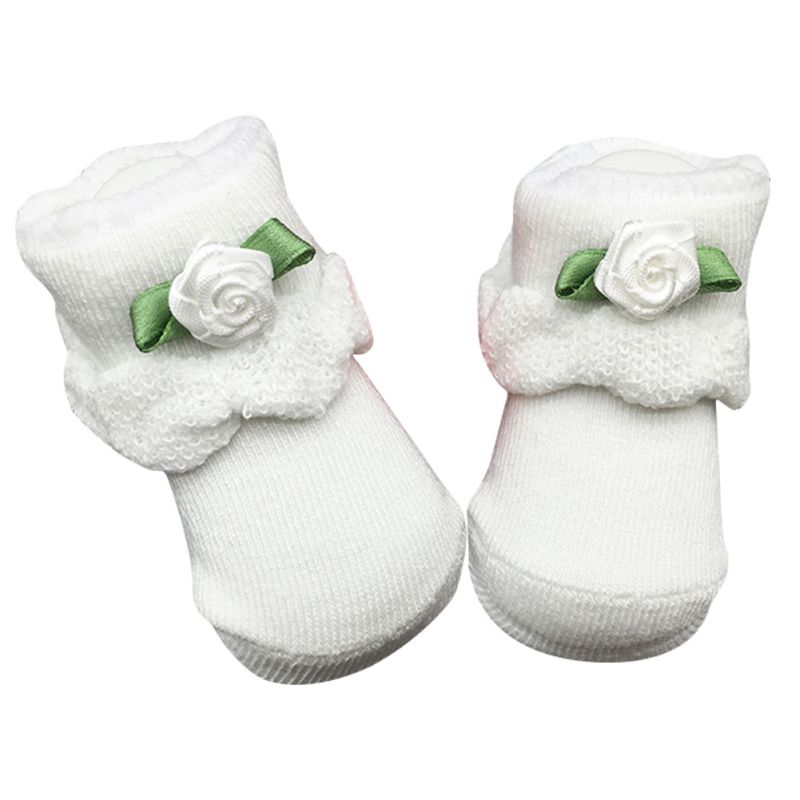 Zachte Geboren Baby Baby Jongen Meisje Katoenen Sokken 0 ~ 6 Maand Bloem Kant Sokjes: WHITE