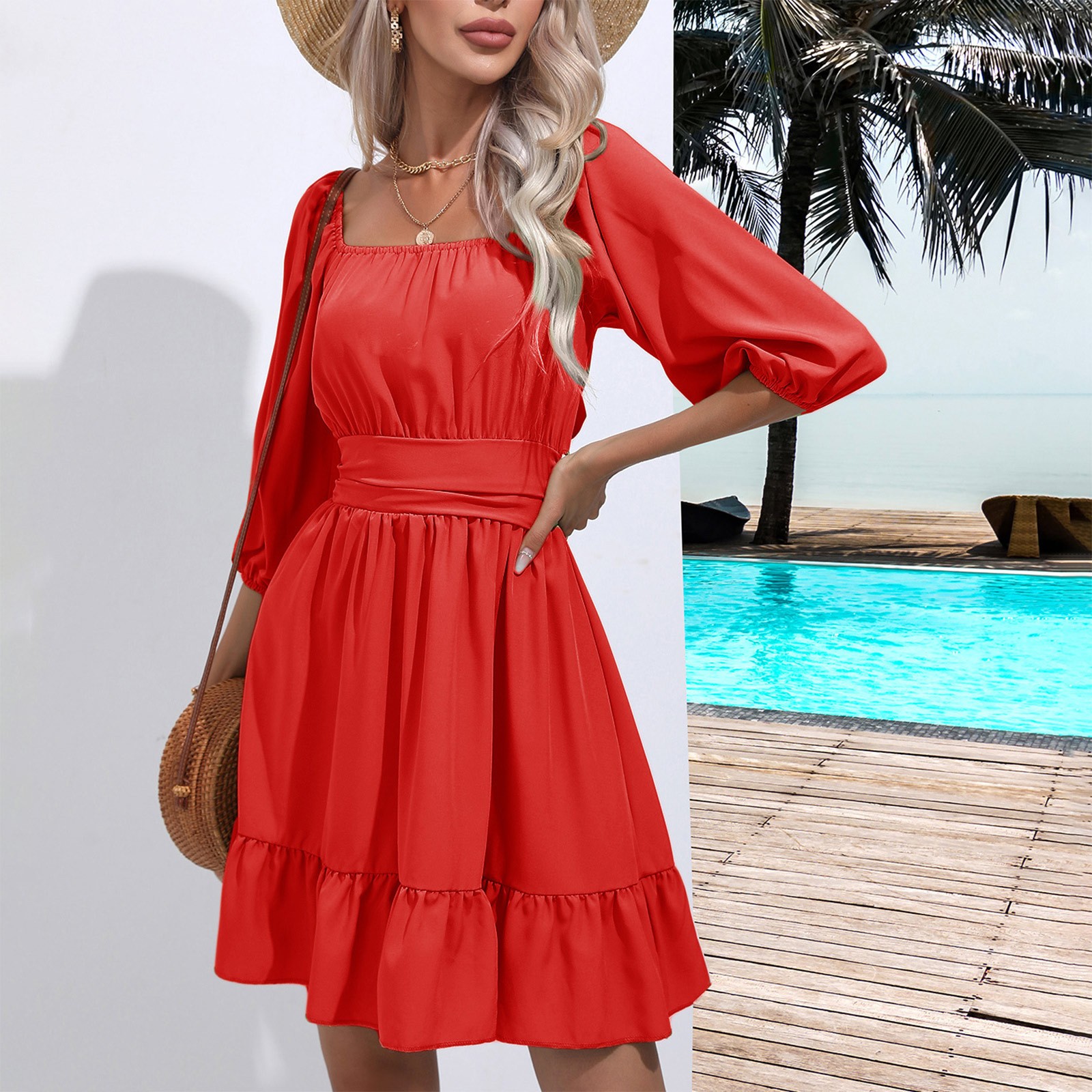 Summer Women Dresses Square Collar Bohemian Ruffles Elastic Above Knee Mini Dress Half Sleeves Vintage Gothic Dress Vestidos: XL / Red