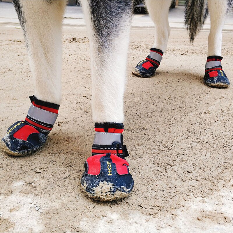 4pcs Pet Dog Shoes Reflective Waterproof Dog Boots Warm Snow Rain Pets Booties Anti-slip Socks Footwear for Medium Large Dog