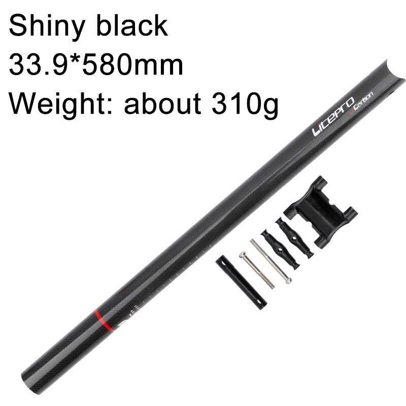 Litepro siodełko rowerowe rura 33.9mm * 580mm 3K rura podsiodłowa z włókna węglowego Ultralight robić roweru składanego: Shiny czarny