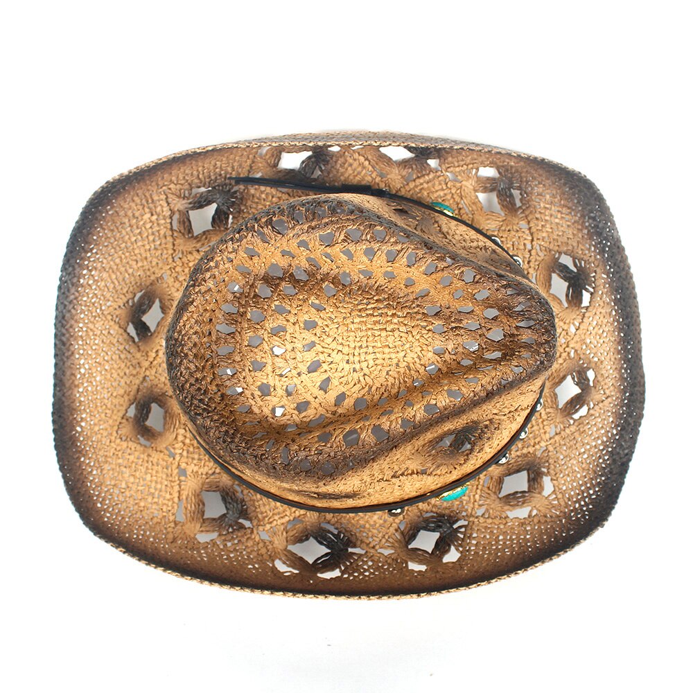 Stroh Hohl Western Cowboy Hut Frauen Männer HandmadeFedora Sombrero Hombre Strand Cowgirl Jazz Sonnenhut Größe 56-58 CM