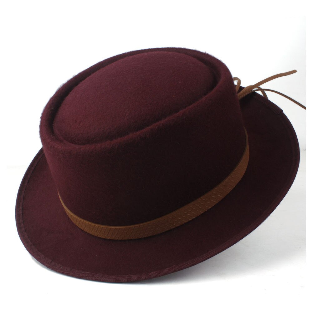 Sombrero de tarta de cerdo para mujer, sombrero Fedora de iglesia para hombre, sombrero plano de lana, Trilby, sombrero fascinador, tamaño 58CM,: Wine Red