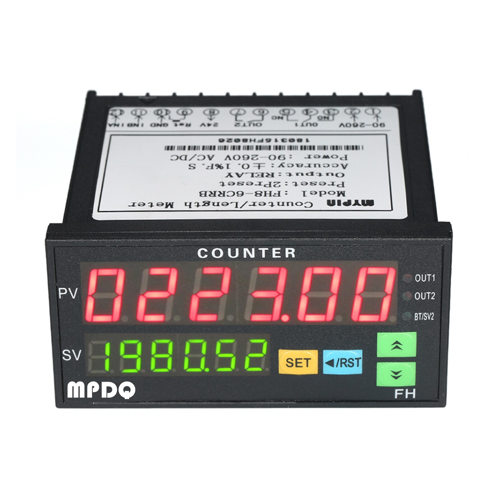 Compteur numérique à double affichage à 6 chiffres FH8-6CRRB Diode électroluminescente, 90 ~ 265V AC/DC, avec 2 sorties de relais et impulsion: Default Title