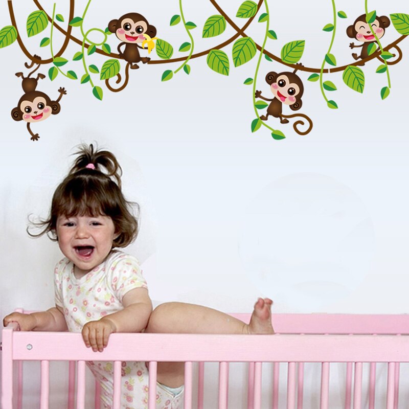 Pegatinas de pared de mini monos para habitación de niños, calcomanías de Arte de vinilo 3D, animales, plantas, pegatina de papel pintado dormitorio, guardería, decoración del hogar