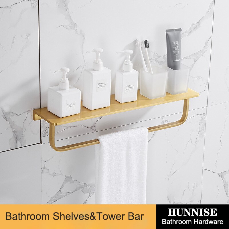 Bathroom Hardware Set Square Brushed Gold Bath Hardware Set Stainless Steel Towel Rack Paper Holder Gold Hardware Sets: barth-shelves-40cm