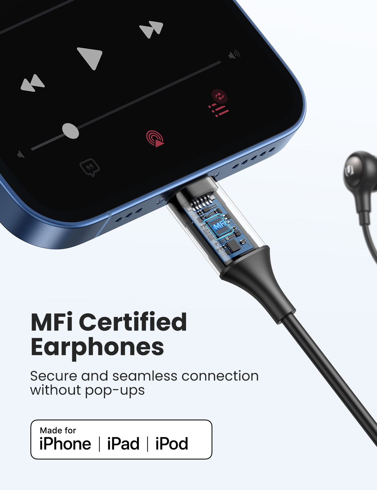 Ugreen mfi-sertifiserte kablede øretelefoner lyn-kontakt ørepropper til iphone 12 11 med mikrofon og kontroller