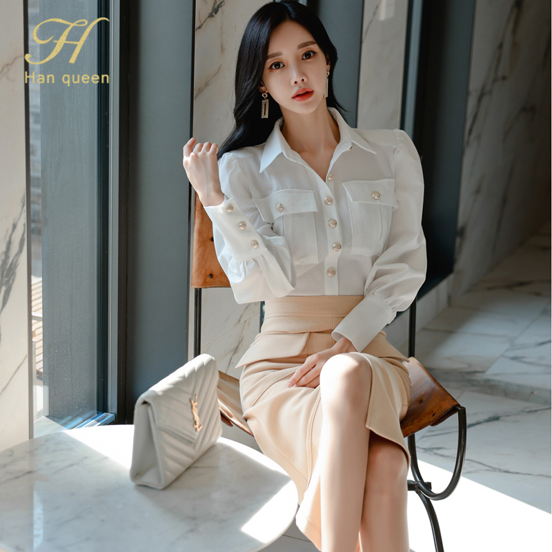 H Han Queen – ensemble chemisier blanc et jupe crayon fourreau fendue pour femme, tenue de bureau coréenne Simple, 2 pièces, printemps