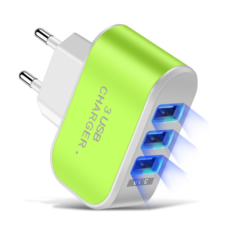Candy Color 5V 1A US EU Plug 3usb 3 Ports USB Wall Home Charger Adapter For IPhone Samsung OPPO Charging Adapter With Indicator: EU Green