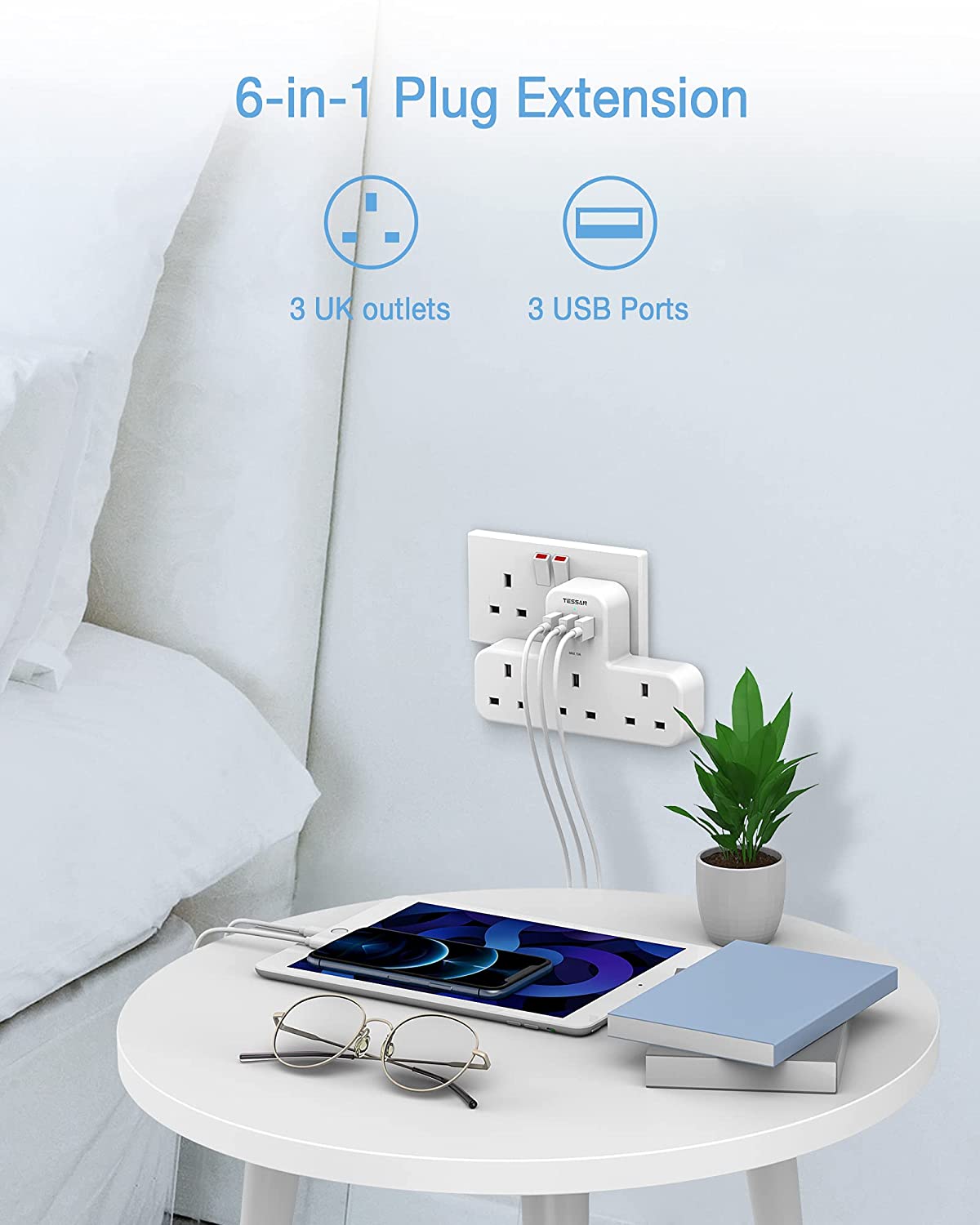 6 Ways UK Multi Plug Power Strip with 3 USB Charging Ports and 3 UK Outlets Wall Socket 100-250V Electrical Charger for Phones