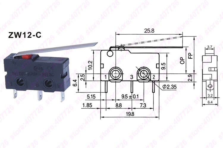 Micro interrupteur 10mm x 20mm 5 pièces/lot | 3 broches/2 broches 5A 250VAC série ZW12, interrupteur Tact allumé
