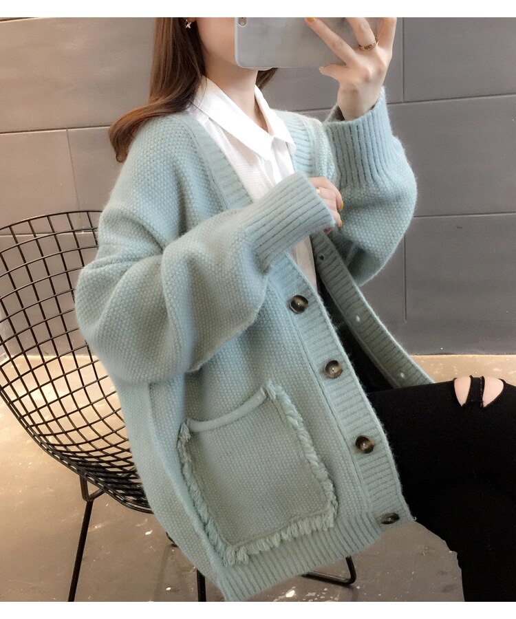 H.SA Otoño Invierno mujeres suéter de gran tamaño y Cardigans suéter largo mujeres Tops suéteres mujer abrigo de punto cálido paño suave: LM19196 Light Blue