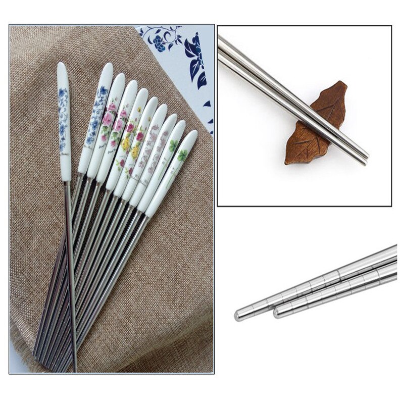 BalleenShiny 1 Pair Stainless Steel Chopsticks Chinese Style Rose Peony Ceramic Handle Anti-skid Chopsticks for Rice