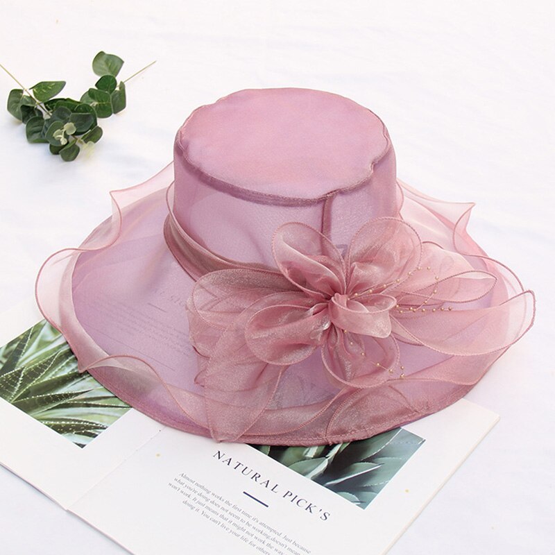 FS -sombreros de Iglesia transpirables para mujer, sombrero de ala ancha de Organza, gris, púrpura, para de té, con flor de malla: Light Purple Hat