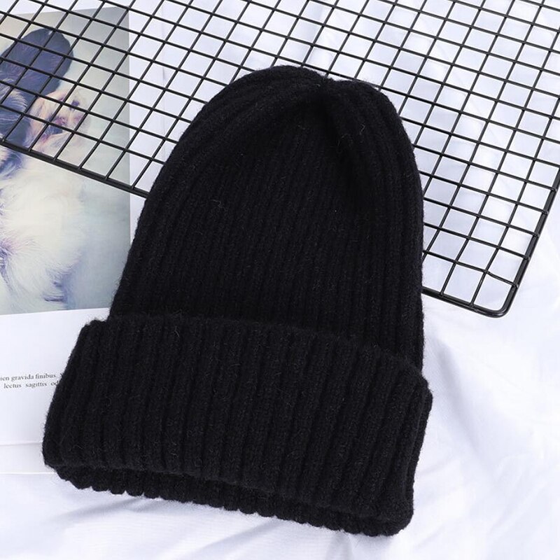 Winter Women Beanies Solid Color Soft Cotton Elastic Knitted Women Hat Girls Bonnet Female Cap: style 1 black