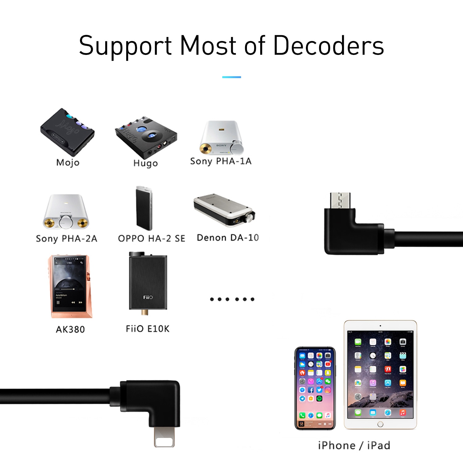 90 Degree Elbow DAC AMP HiFi OTG Cable for Lightning to Micro USB for iPhone iOS 10 to 12 with Decoders Pure Copper Core