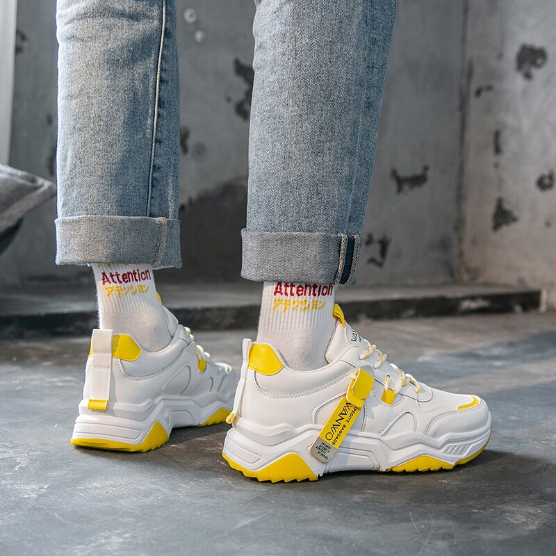 New arrival trampki damskie graffiti płaskie buty skórzane trampki projektant mężczyźni buty do biegania moda trampki colorblock highbang: White yellow / 7.5