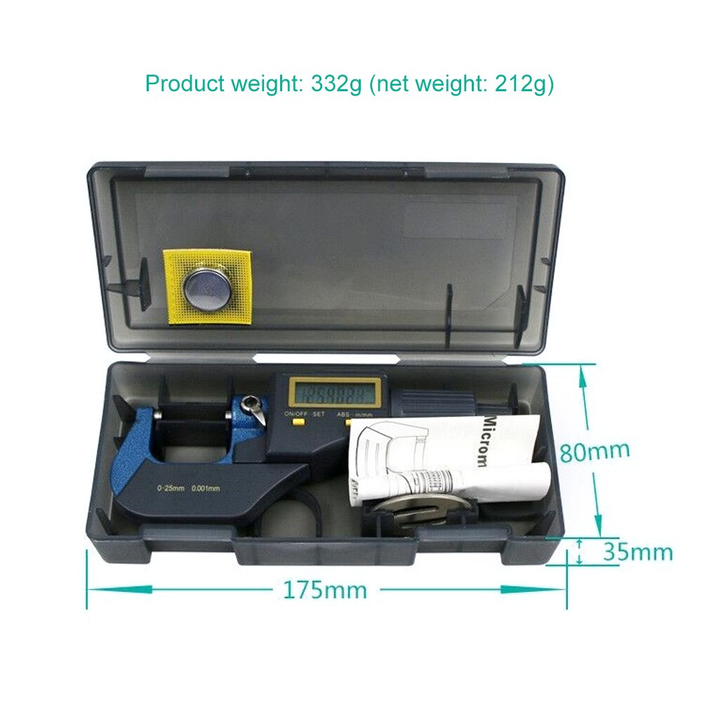 Digital Gauge Measuring Micrometer 0-25mm 0.001mm Metric/Inch Electronic Outside Micrometer Carbide Tip Digital Measuring Tools