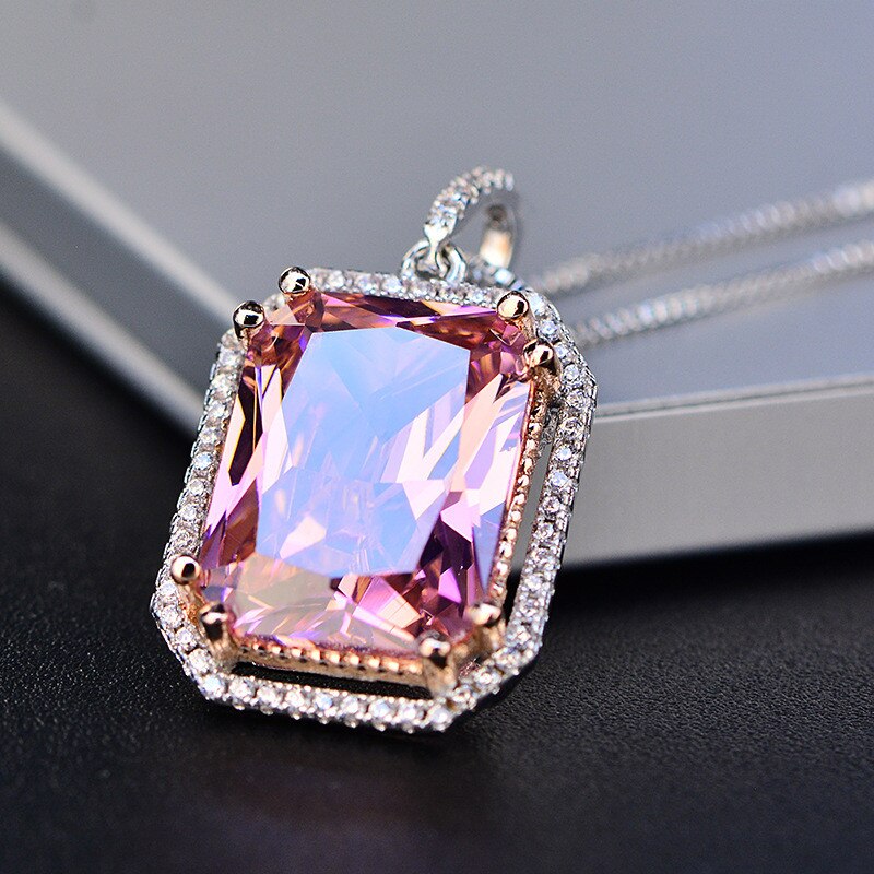 Vintage Pendant For Women Big Square Pink S925 Sterling Created Topaz Cubic Zirconia Necklace Temperament Fine Jewelry No Chain