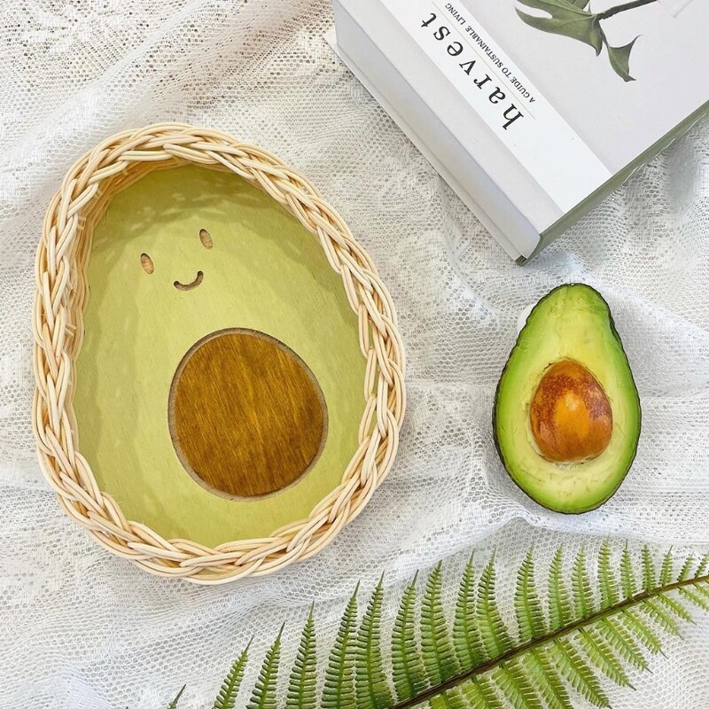 Hand Geweven Rotan Opslag Mand Avocado Citroen Patroon Plaat Lade Organizer Voor Fruit Brood Snacks Sleutels Portemonnee