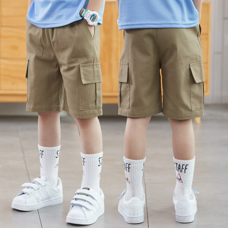 Pantalon Cargo décontracté en coton pour garçon, avec poches, couleur unie, taille élastique, longueur aux genoux, été 2022