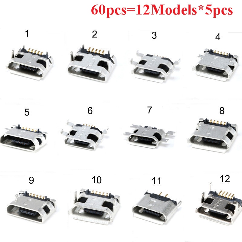 60 stk / lot 5- pin smt-stikstik micro usb-type b hunplacering 12 modeller smd dip-stikstik