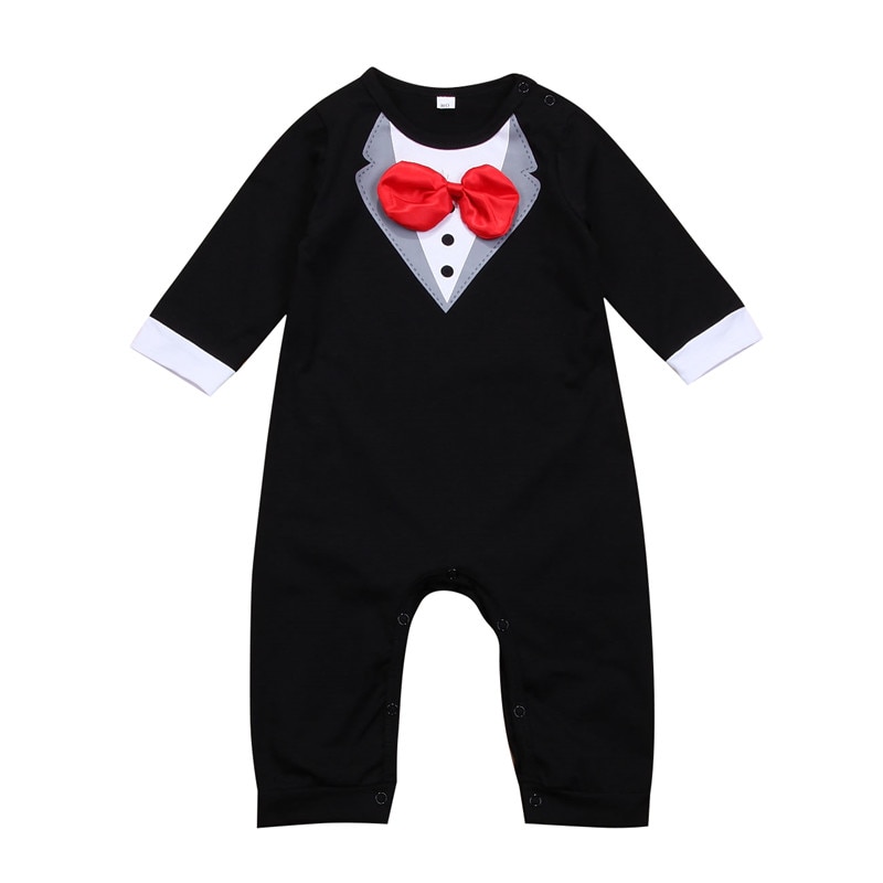 0-36months Leuke Baby Jongens Rompertjes Lange Mouw Strikje Baby Jongens Jumpsuit Zwart Wit Gentleman Formele Pasgeboren Kleding Speelpakje