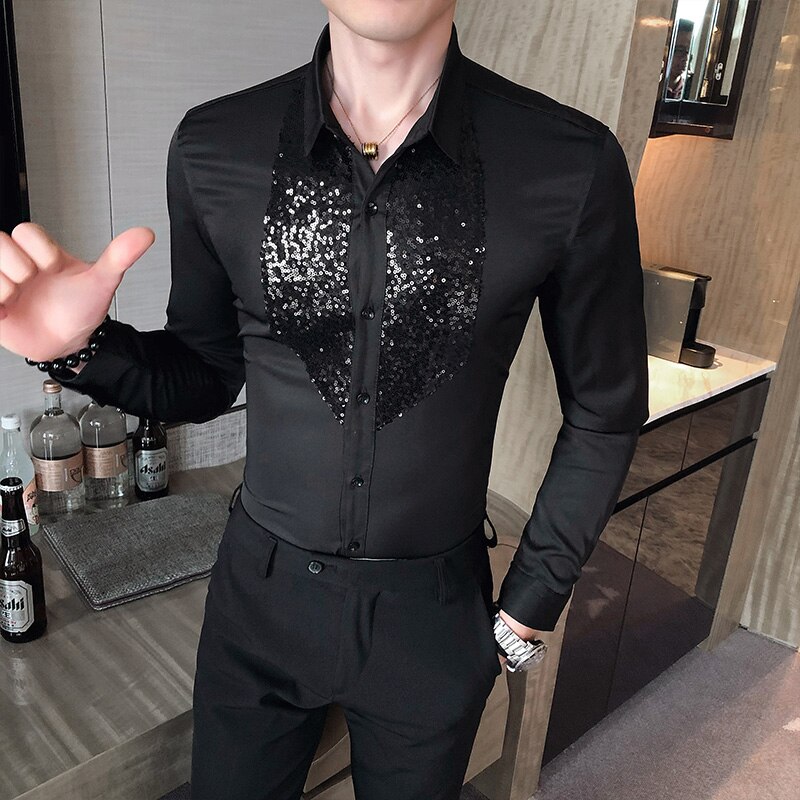 Sommerskjorte elegant herreskjorte paljettdekor langermet herreskjorte slank passe smokingskjorte koreansk kjole kommode asiatisk størrelse: Svart / Asia 5xl