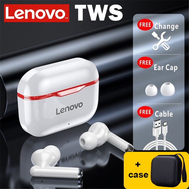 Lenovo-Auriculares inalámbricos TWS LP1, audífonos estéreo con Bluetooth 5.0, doble reducción de ruidos y bajos, control táctil, batería de 300mAh, de larga duración en modo de reposo, nuevos y originales: red with case