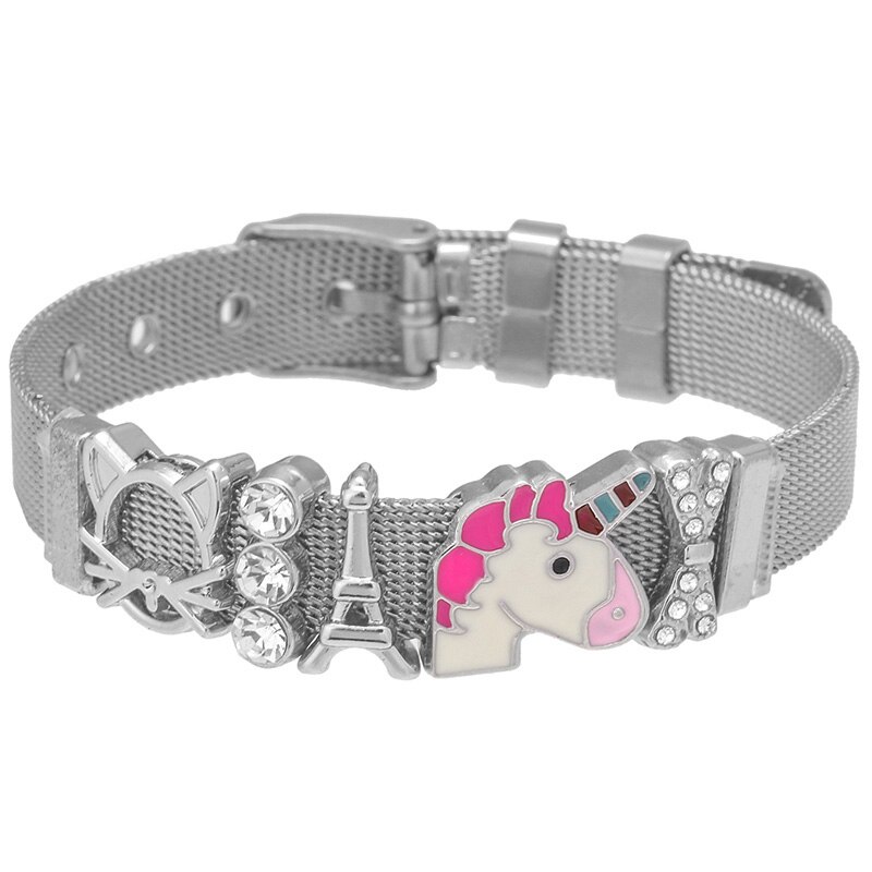 Baopon bedel sieraden zilverkleurige roestvrijstalen mesh armbandenset eenhoorn toren fijne armbanden voor vrouwen: M010