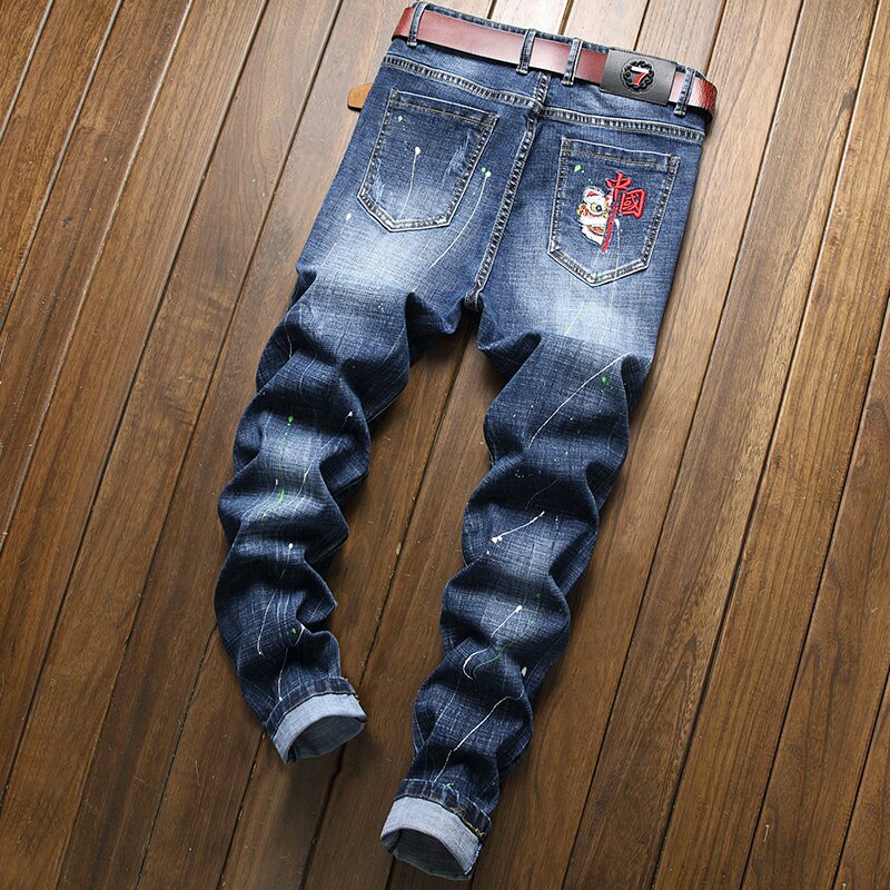 Pantalones vaqueros bordados para hombre, Jeans informales elásticos de pierna recta, ajustados, de , a la , primavera,