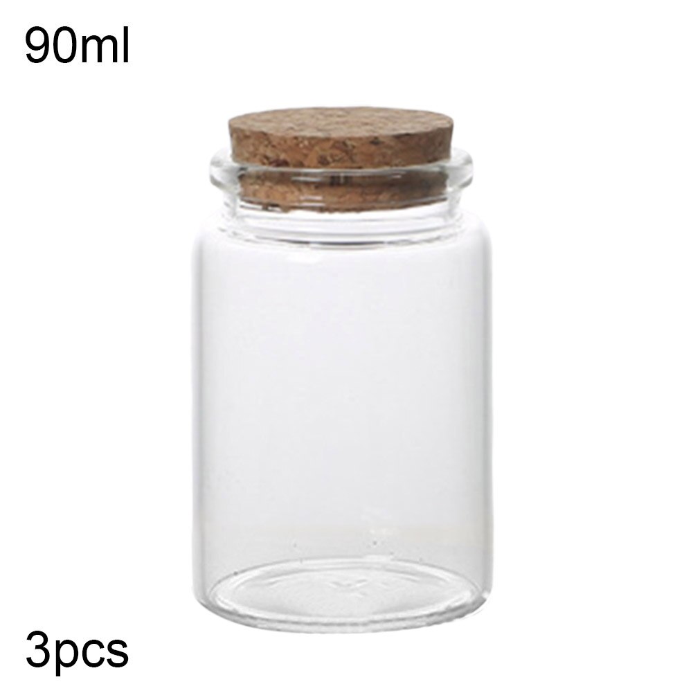 3Pcs 50/60/90/100/120/150ml Transparent Cork Stopper Glass Bottles Jar Vials: 90ML