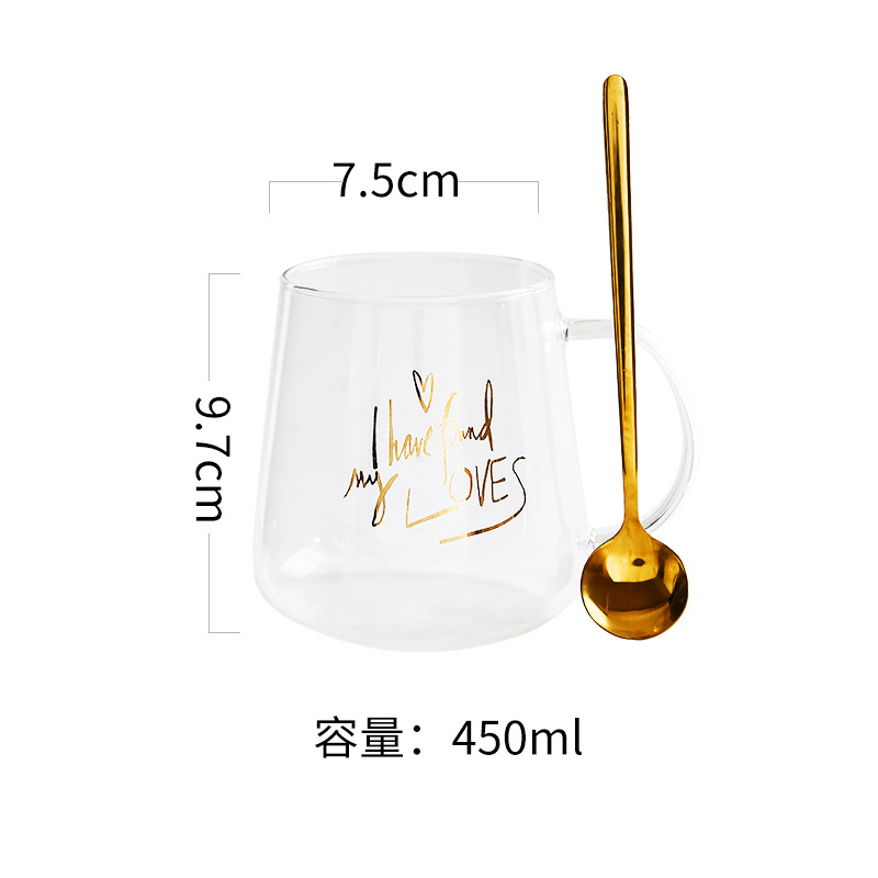 16oz guldfolietrykt glas krus forgyldning gennemsigtigt glas kaffe te drikkevarer dessert morgenmad mælkekop med ske: En stil