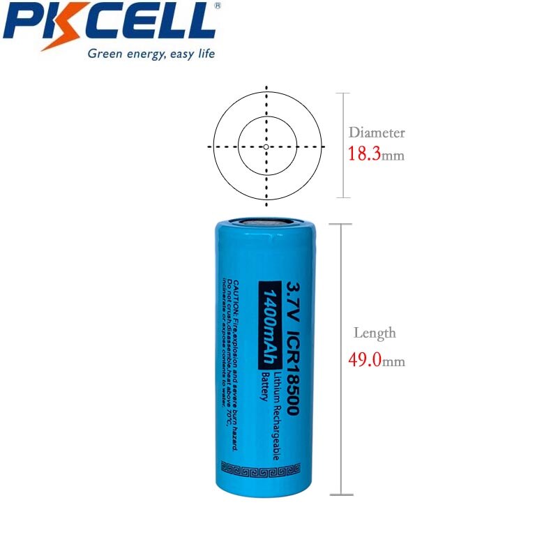 2PCS PKCELL ICR18500 1400mAh Rechargeable Battery 18500 3.7V li-ion Batteies recharge 18500 flat top for torch ,led lights