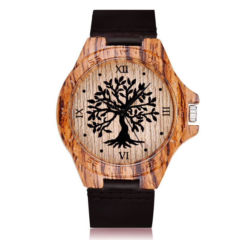 Reloj de pulsera de madera de imitación de árbol y ciervo para hombre y mujer, cronógrafo de imitación de Animal, caja acrílica, color marrón: Tree watch6