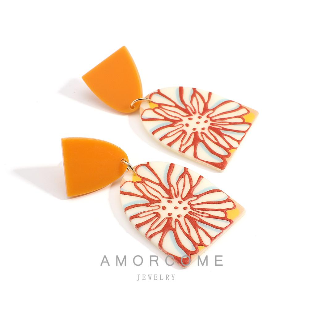 AMORCOME Cute Orange Geometric Acrylic Earrings 3D Effect Colorful Printed Flower Simulated Polymer Clay Earrings Daily Jewelry